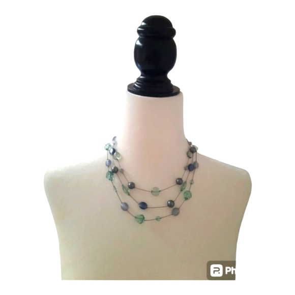 Beautiful Lia Sophia 3 Strand Aqua, Gray, Blue, Silver Tone Beaded Necklace 20" - Picture 5 of 5